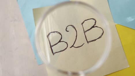 sticky note with b2b word. b2b message concept with magnifier