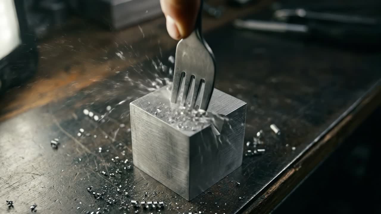 Forchetta che incide un cubo di metallo al rallentatore