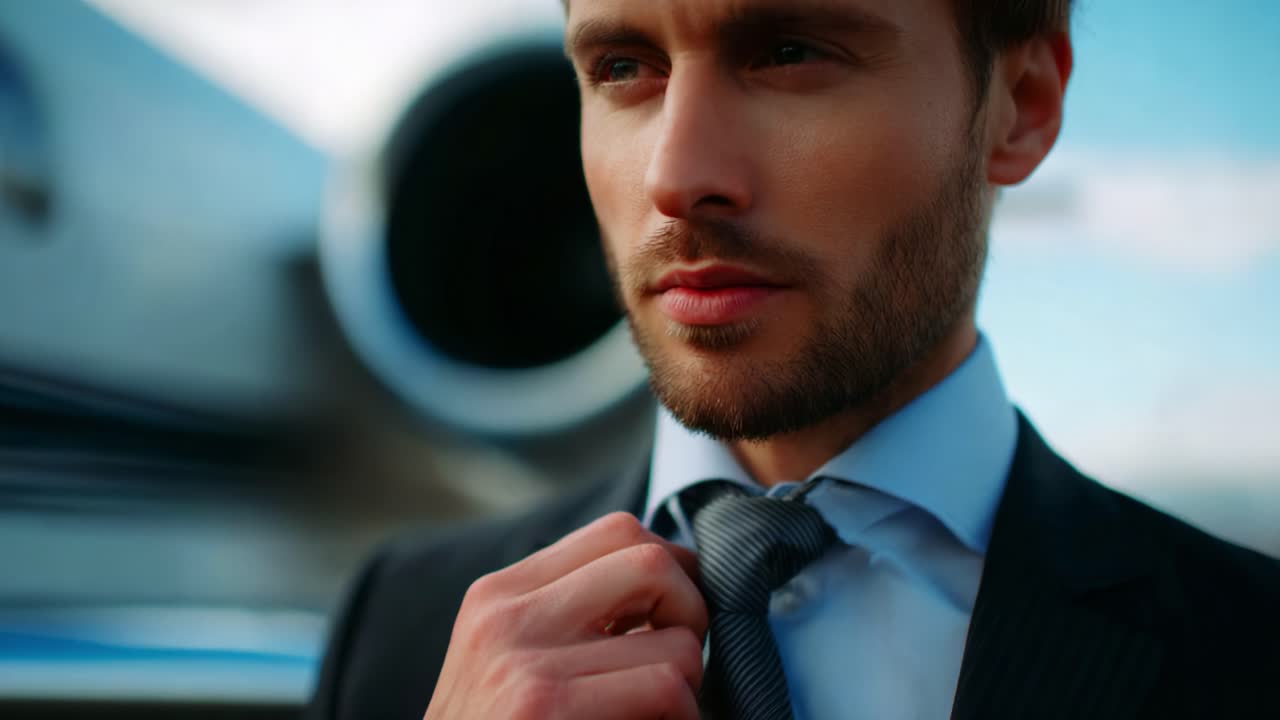 A Sophisticated Man in a Tailored Suit Adjusts His Tie with Confidence and Poise, Set Against the Backdrop of a Private Jet and an Open Sky, Exuding Success and Determination in Every Detail