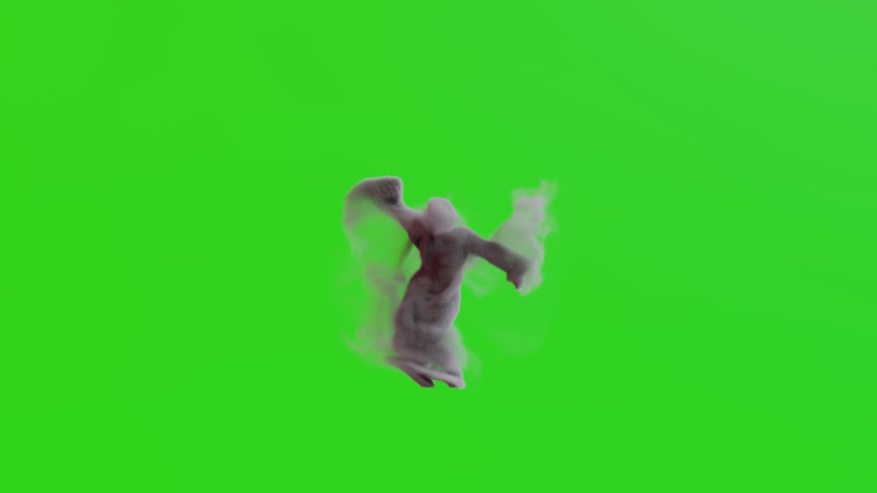 En røgfigur der danser på en grøn baggrund. En 3D-røgsilhuet, chroma key.