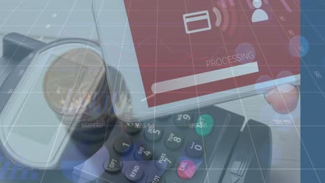 animación del procesamiento de datos sobre el pago a mano con teléfono inteligente