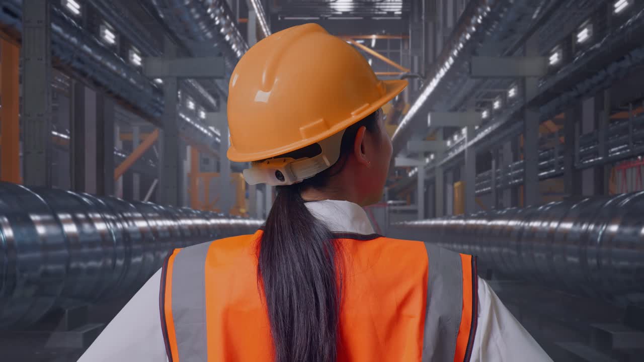 Close Up Back View Of A Female Engineer Wearing Safety Helmet Looking Around While Standing With Arms Akimbo With Metal Pipes
