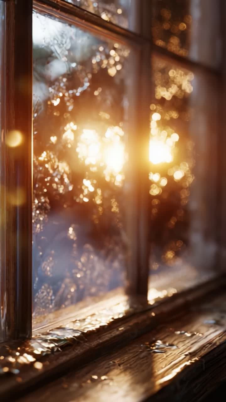 A Beautiful Scene Captured Through a Window, Revealing the Soft Glow of the Setting Sun Filtering Through Water Droplets on a Misty Glass in the Evening, Highlighting Nature's Tranquil Beauty