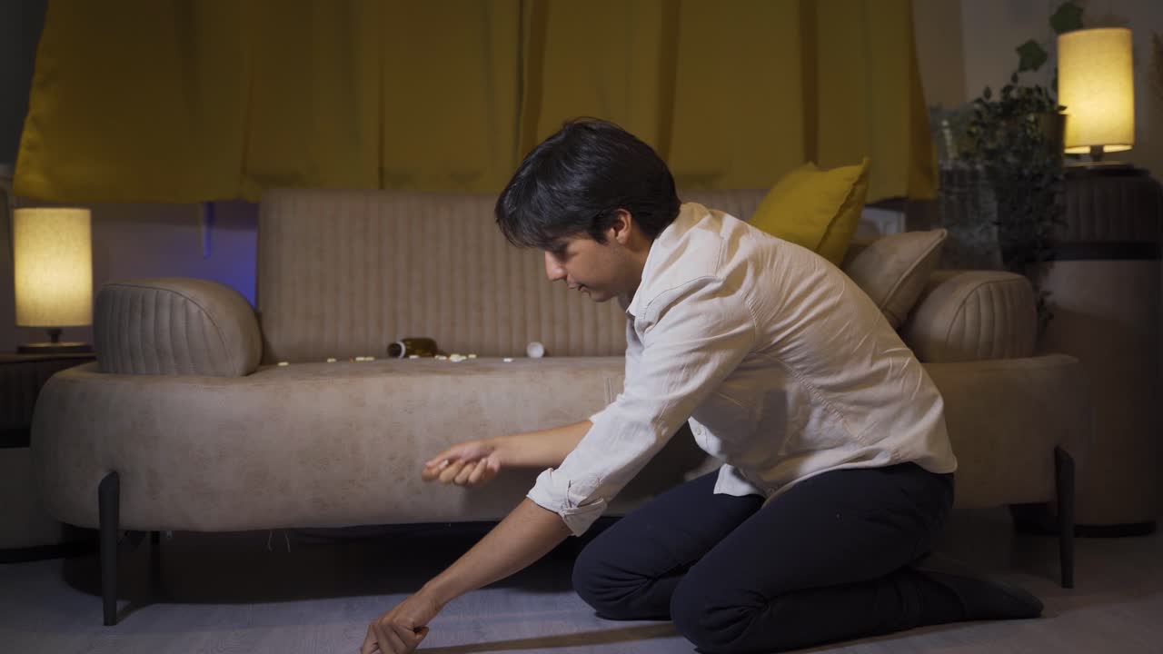 떨리는 손으로 테이블 위에 있는 약을 먹는 사람. 자살.