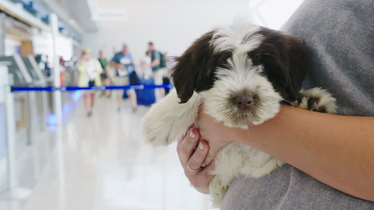 공항에서 강아지를 안고 있는 여자