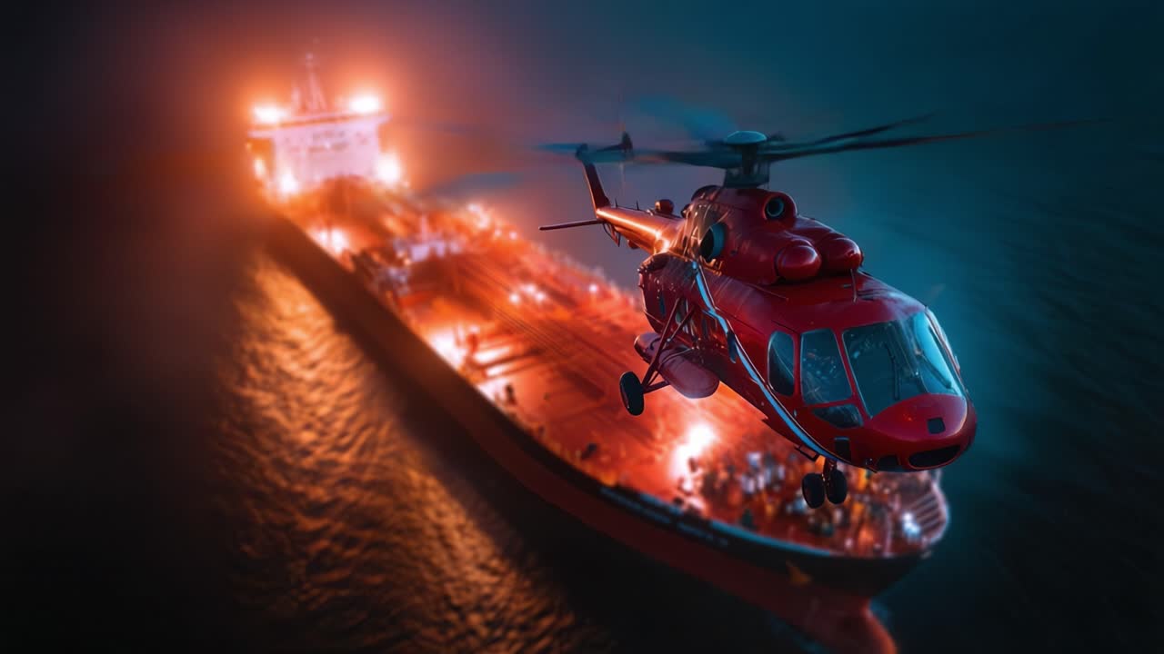 Helicopter hovers near burning oil tanker at night. Emergency responders monitor dangerous blaze. Fire illuminates dark waters and vessel. Scene captures urgency of maritime disaster response