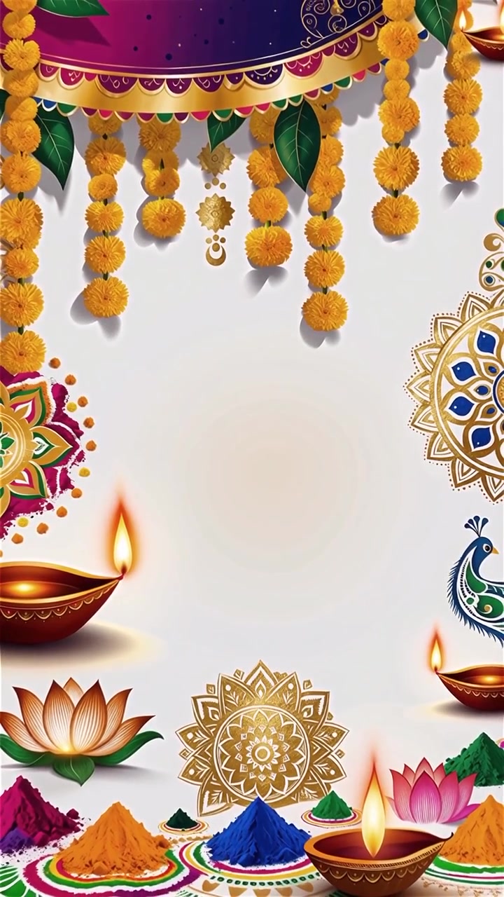 Sfondo Diwali con Diyas luminosi, Rangoli e fiori di loto