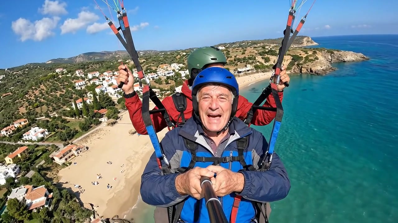 Uomo anziano che pratica parapendio in tandem su una spiaggia costiera