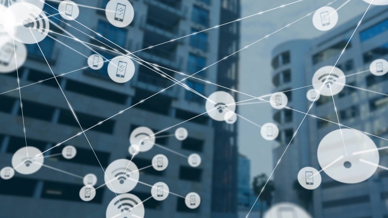 Digitale netværksforbindelsesikoner over moderne bybygninger.