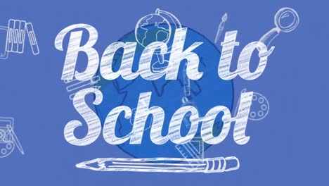Animation-Des-Textes-„Zurück-Zur-Schule“-Mit-Symbolen-Für-Schulartikel-Auf-Blauem-Hintergrund