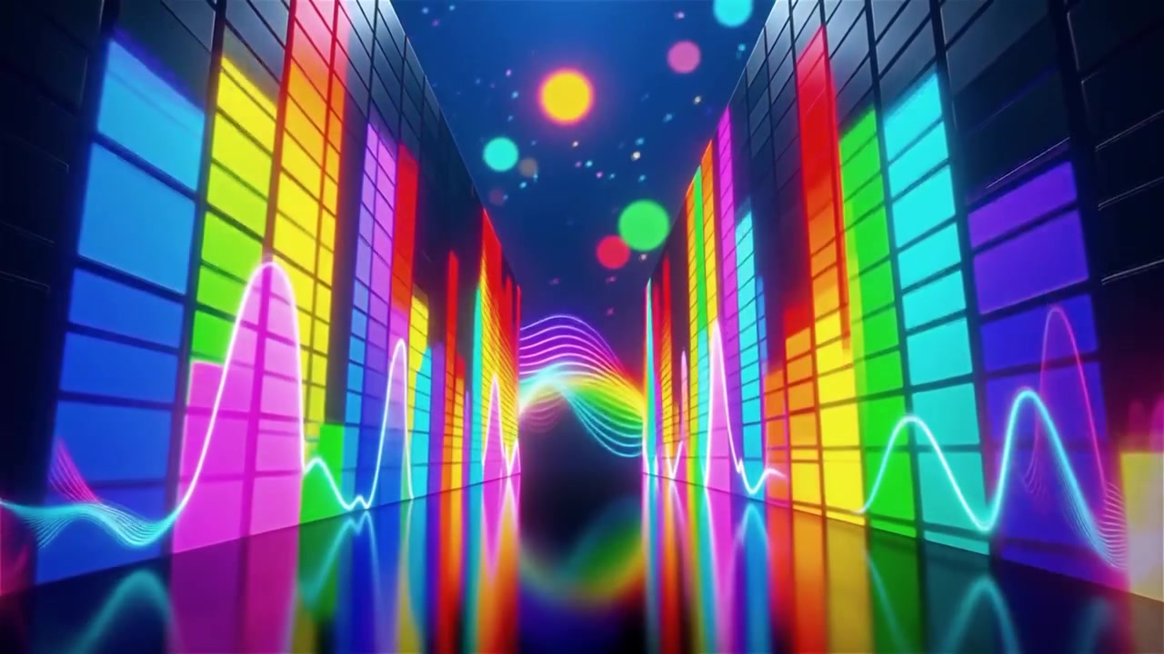 Futuristisk regnbuefarvet neon musik equalizer visualisering baggrund.