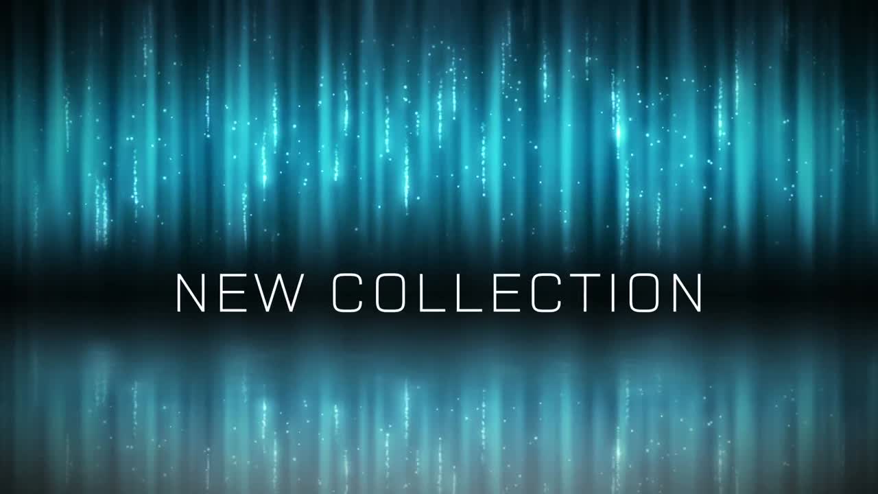 새로운 컬렉션 텍스트의 애니메이션은 검은색 배경의 빛 트레일 위에 있습니다.