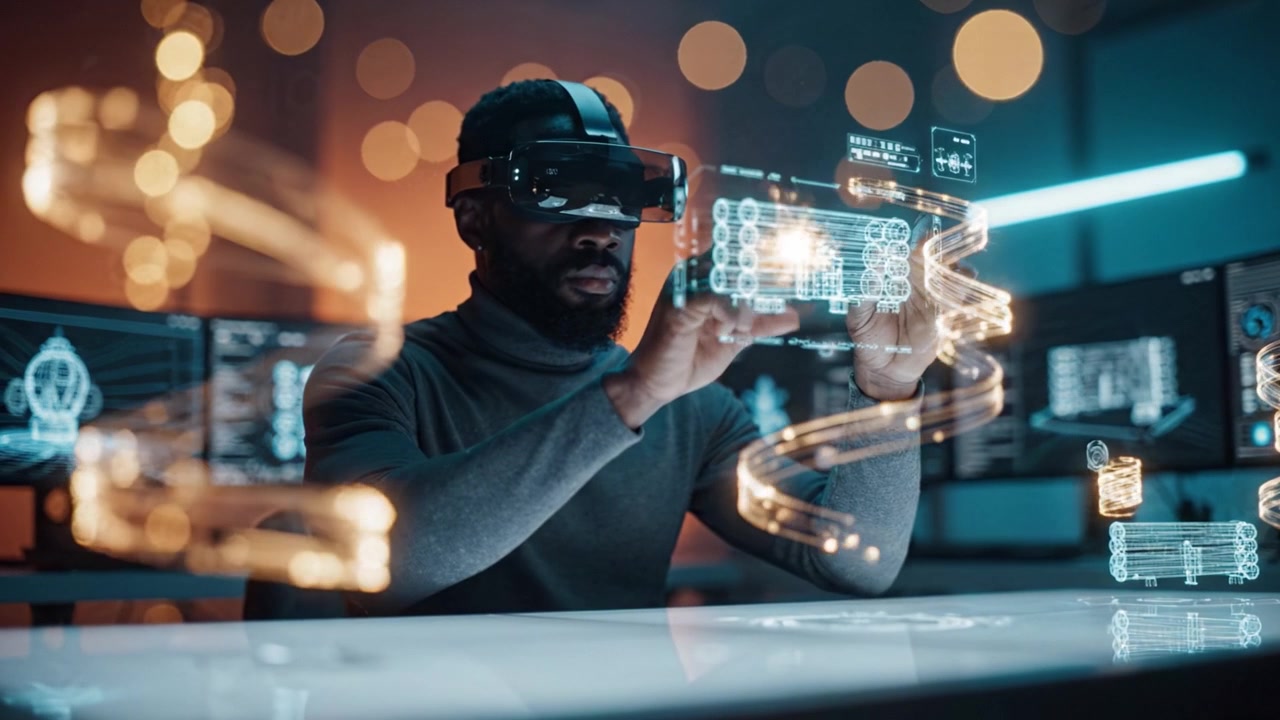 Innovative Virtual Reality Experience: A User Engaged with Advanced Augmented Reality Technology Using VR Headset in a Modern Digital Workspace