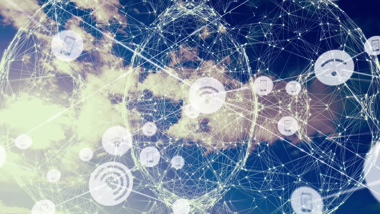 animación de la red de conexiones con iconos sobre nubes en el cielo