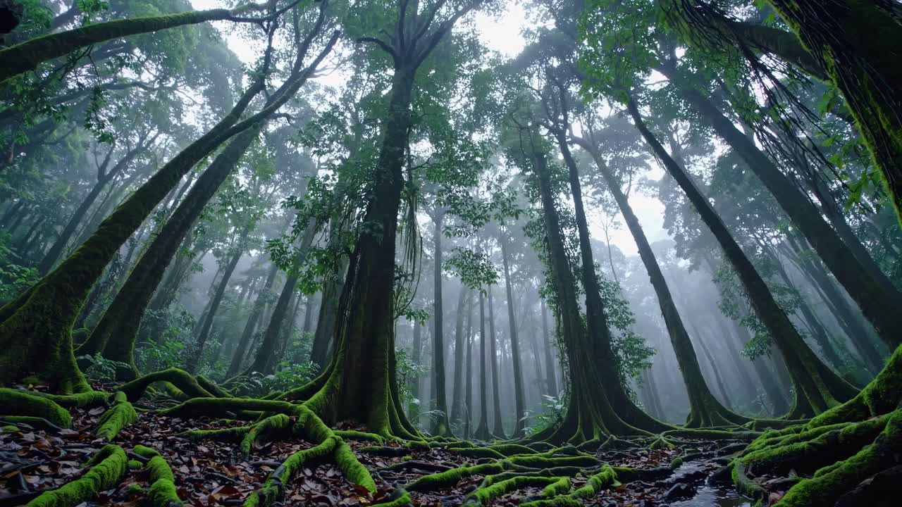 A mystical forest scene captured from a low-angle, showcasing towering trees and roots