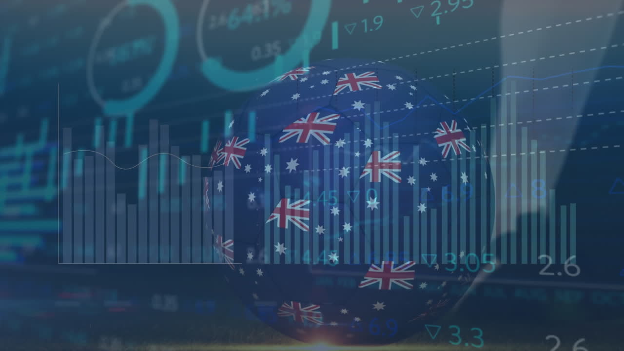Animation of data processing and football with flag of australia over soccer player kicking