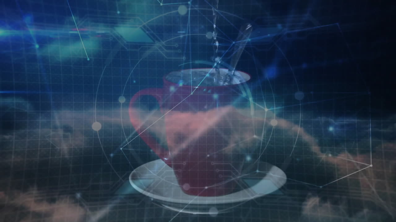 Red ceramic coffee mug sitting on white saucer in virtual interface, visualizing data nodes