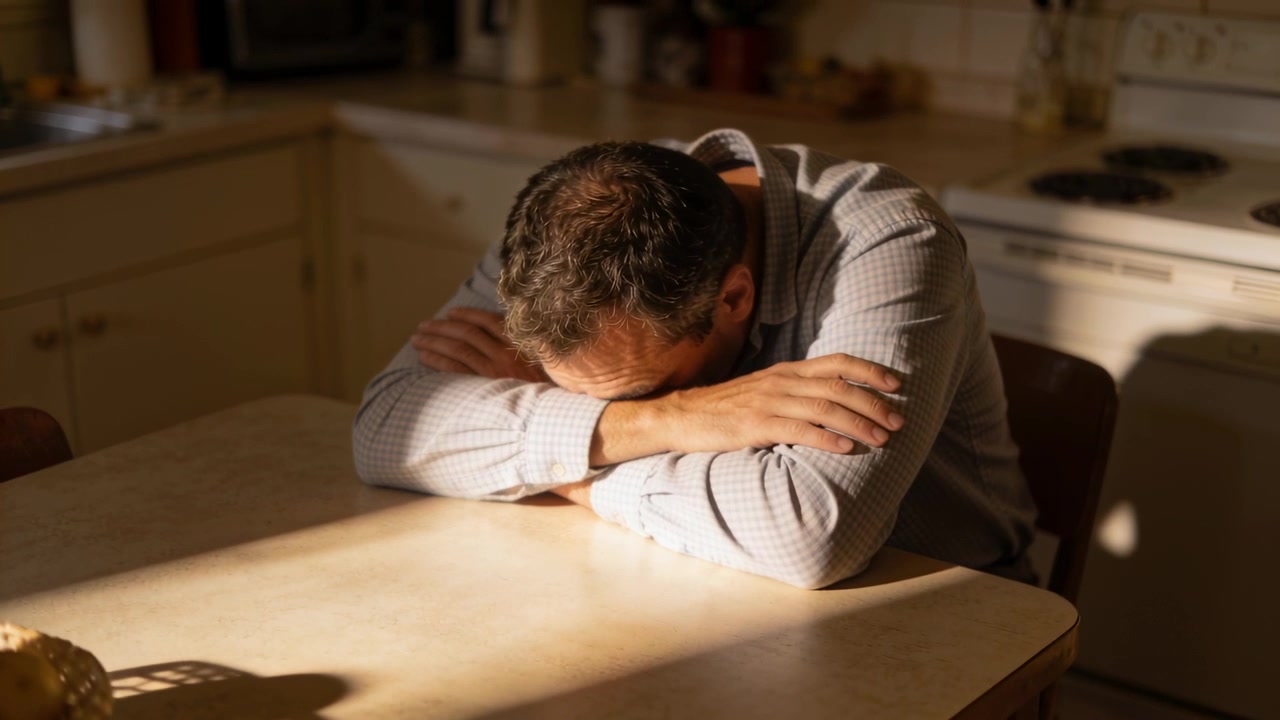 Uomo di mezza età appoggiato che riposa le braccia al tavolo della cucina, la luce del sole che lo fa alzare lo sguardo, sbirciando.