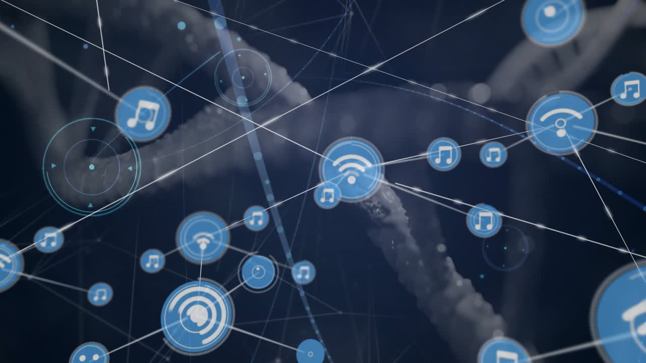 Animation of wireless and music icons connecting on abstract network background