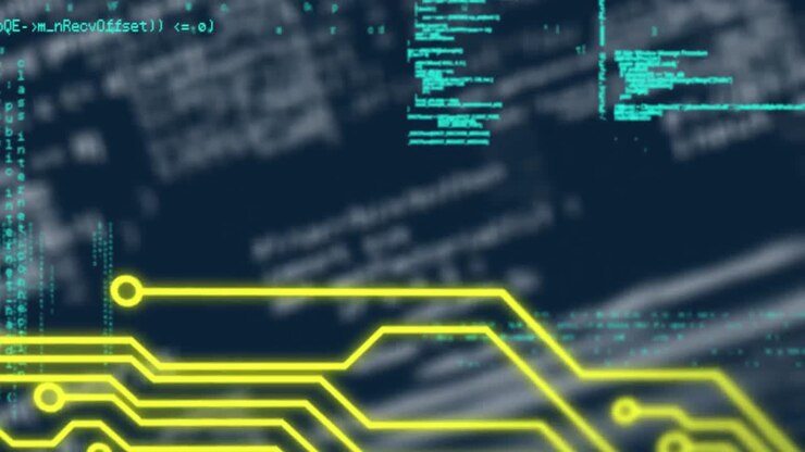 Digital animation of microprocessor connections over data processing against blue background