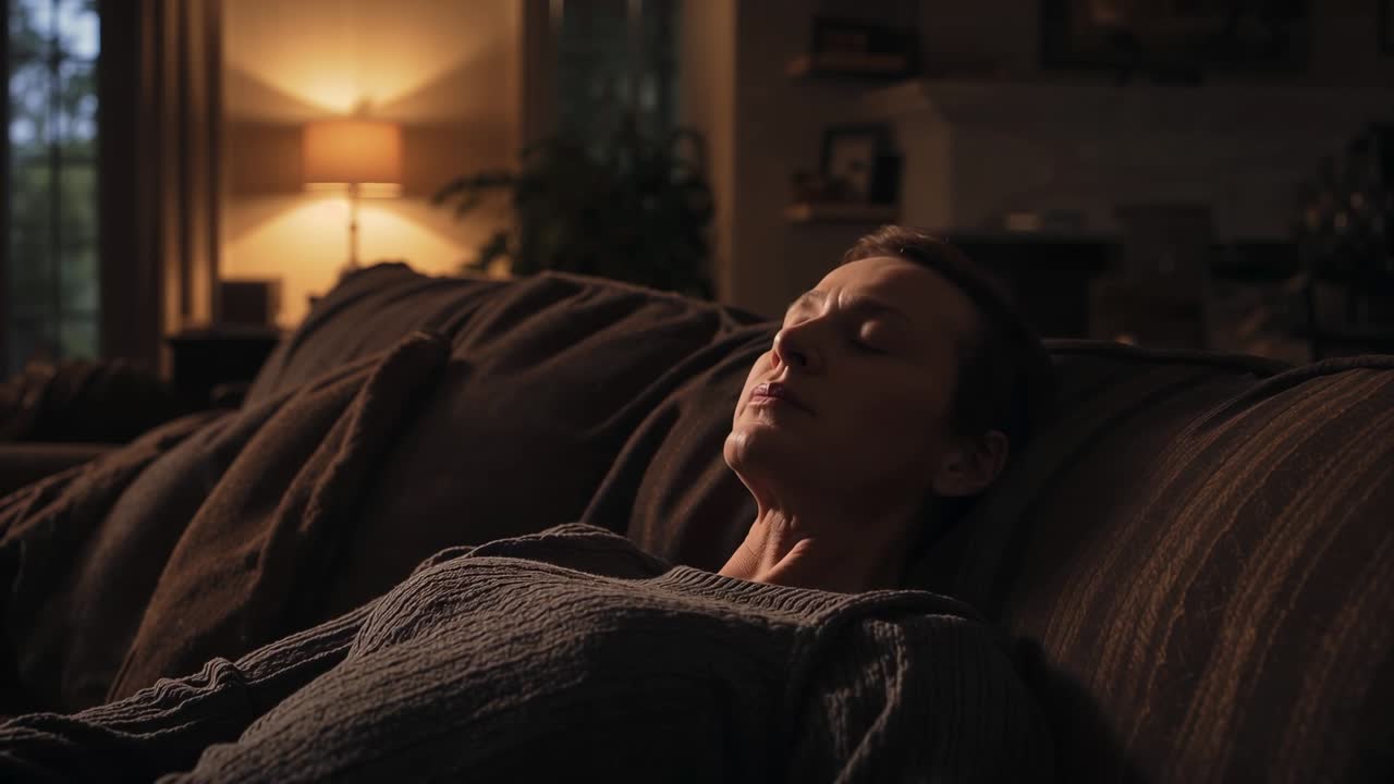 Tilbagelænet midaldrende kvinde vipper langsomt hagen i stuen, med mønstret sofa, lampe og sweater.