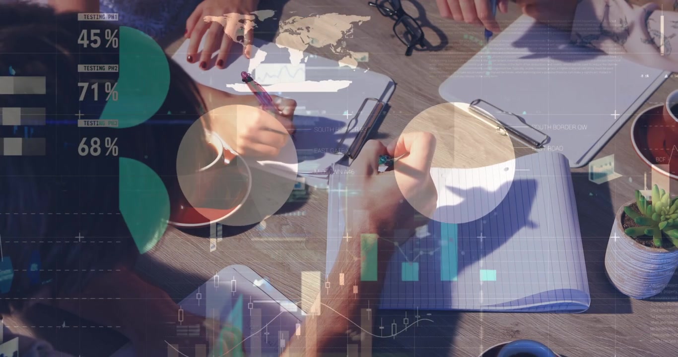 Animation of statistical data processing over diverse businesspeople taking notes together