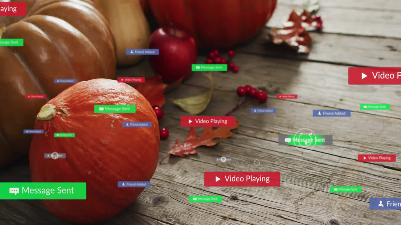 나무 바탕에 소셜 미디어 알림과 함께 호박과 가을 잎