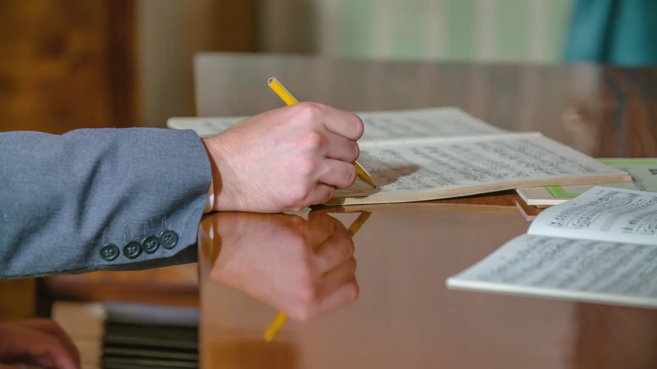 Pianist taking down musical chord notes closeup