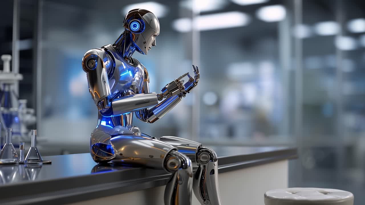 Humanoid Robot Sitting and Contemplating in a Modern Laboratory