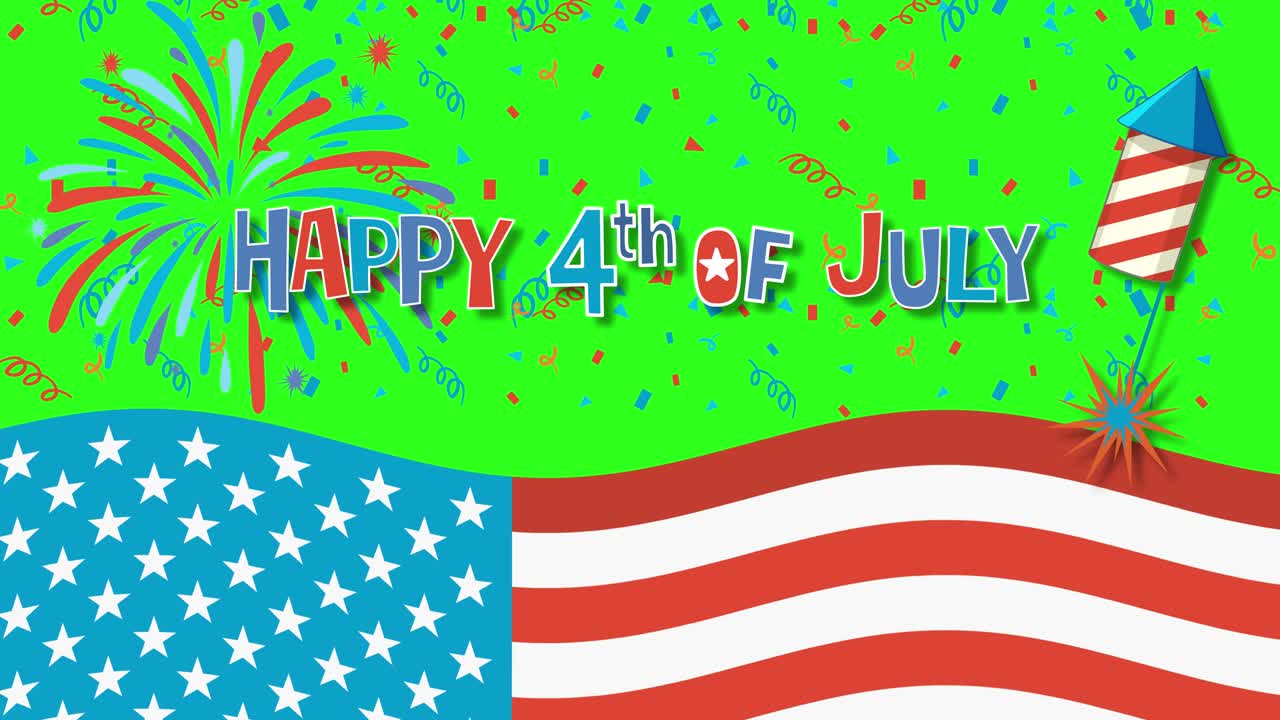 Dynamic animation with fireworks, American flag, and festive text celebrating Independence Day in bright colors