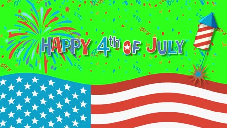 dynamic animation with fireworks, american flag, and festive text celebrating independence day in bright colors