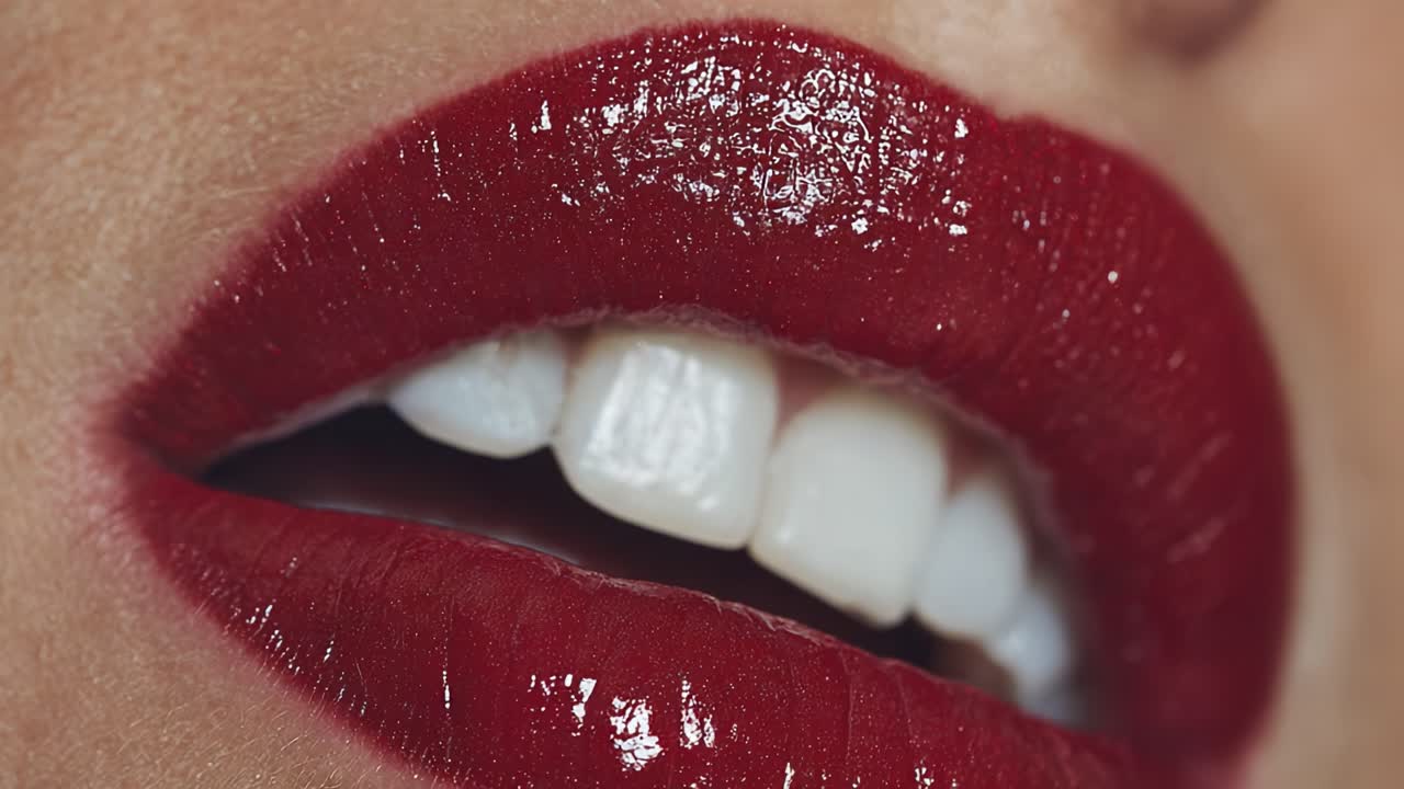 Captivating Close-Up of Glossy Red Lips Highlighting Perfectly White Teeth, Exuding Elegance and Confidence in a Bold Makeup Statement