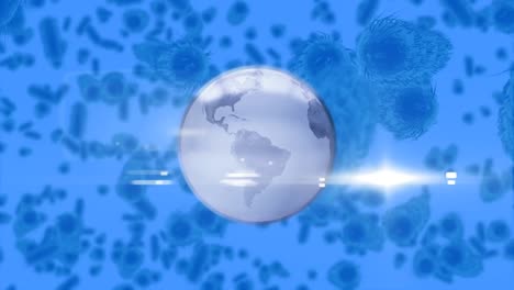 animation of covid 19 cells over globe on blue background