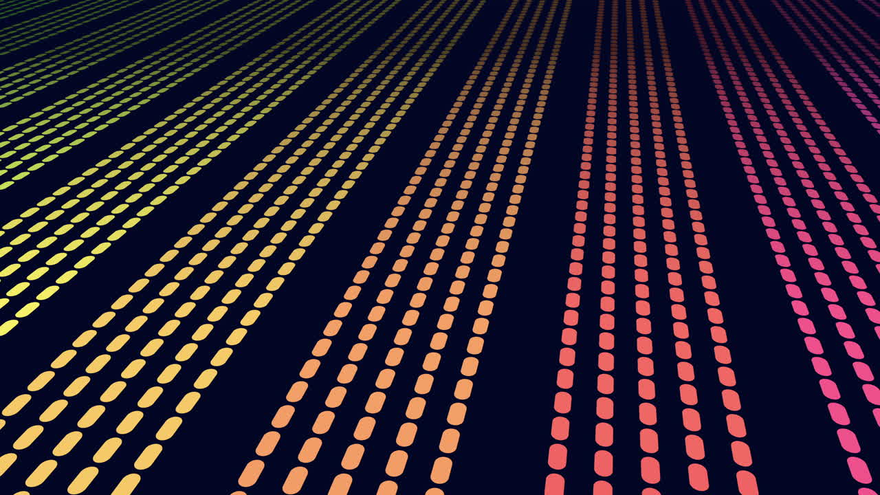 Abstract footage of multicolor dotted stripes flowing in perspective across a dark blue background, creating a dynamic digital pattern for technology, data, and motion design
