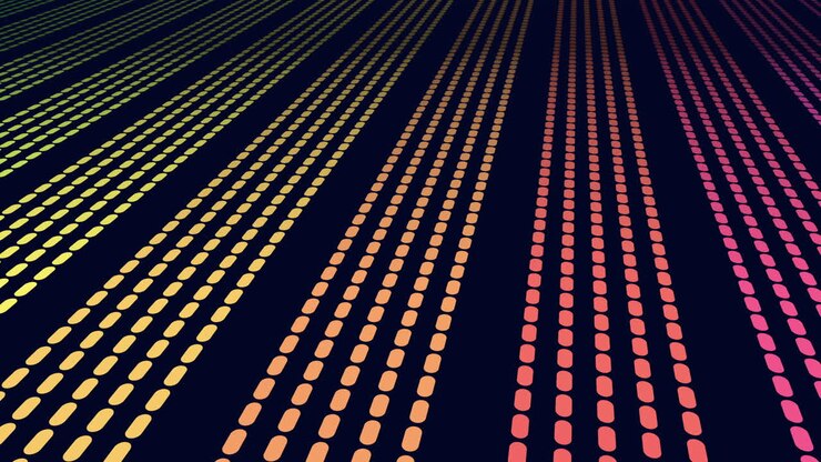 Abstrakt optagelse af flerfarvede prikkede striber, der flyder i perspektiv hen over en mørkeblå baggrund, der skaber et dynamisk digitalt mønster til teknologi, data og motion design