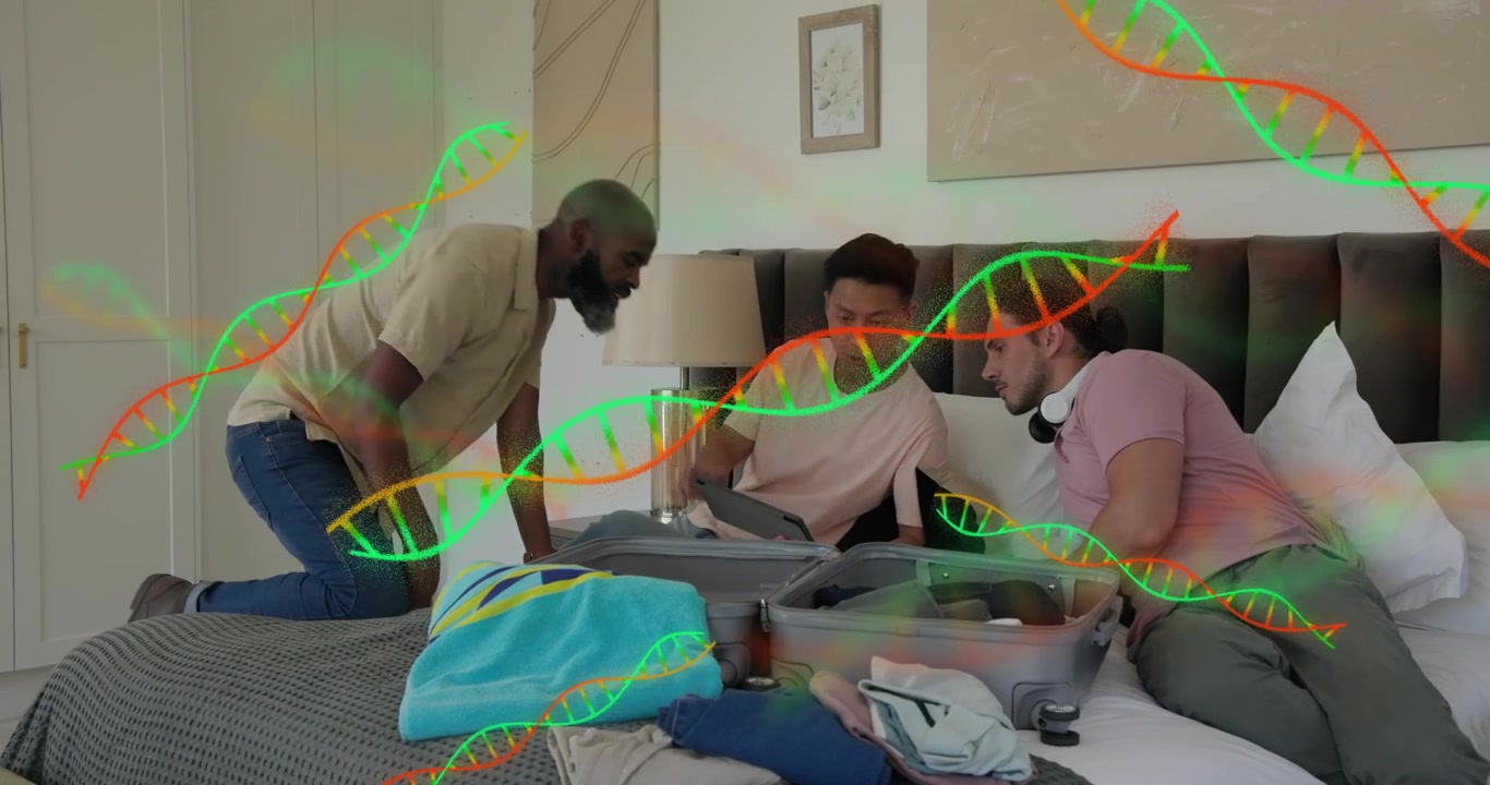 Friend entering, handing item to two men, starting suitcase packing for travel with animated icons