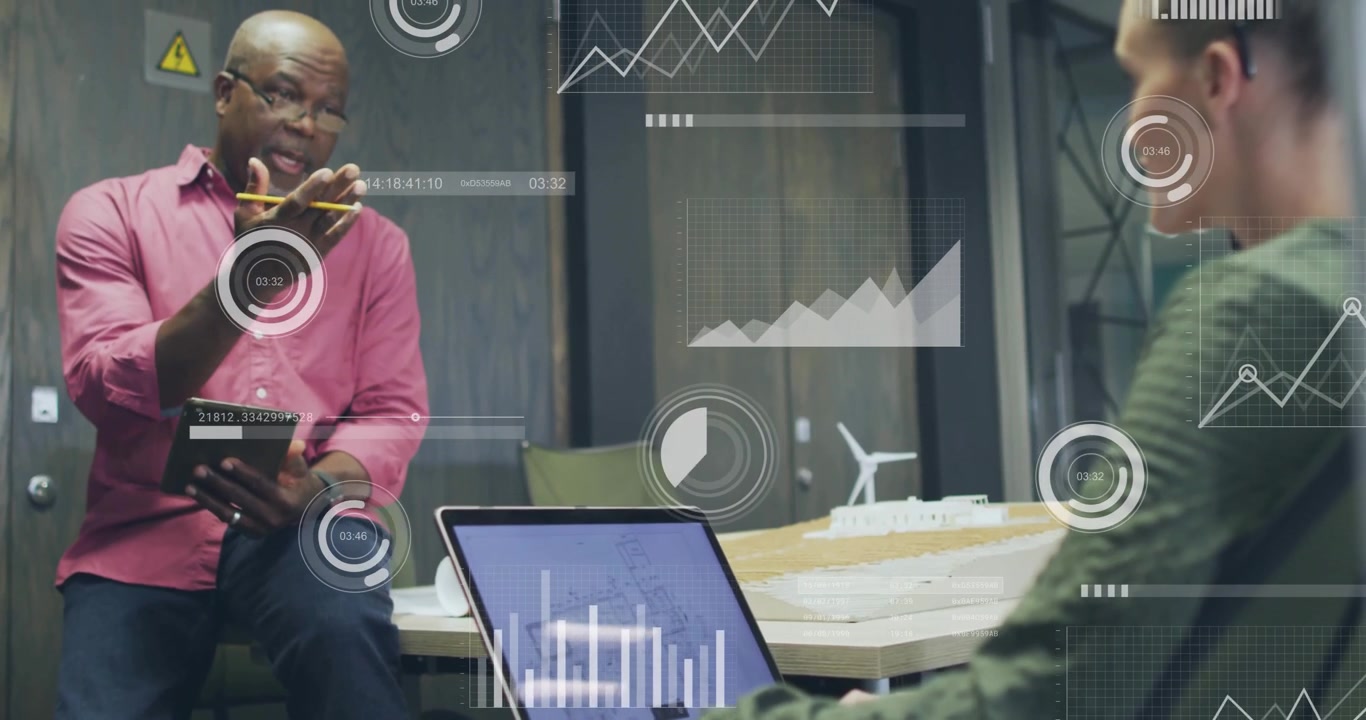 Animation of financial data processing over diverse business people in office