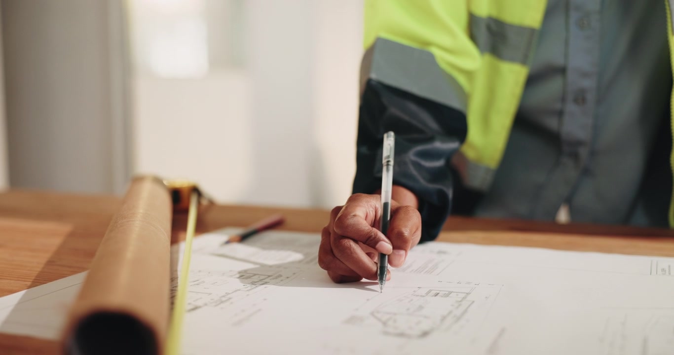 Architect Reviewing Construction Blueprints in Office
