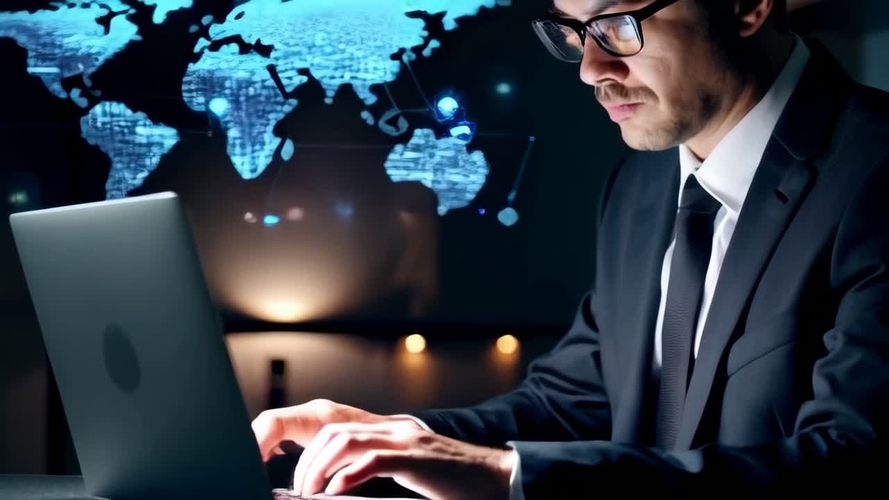 A businessman with glasses working on a laptop, a digital network map on background.