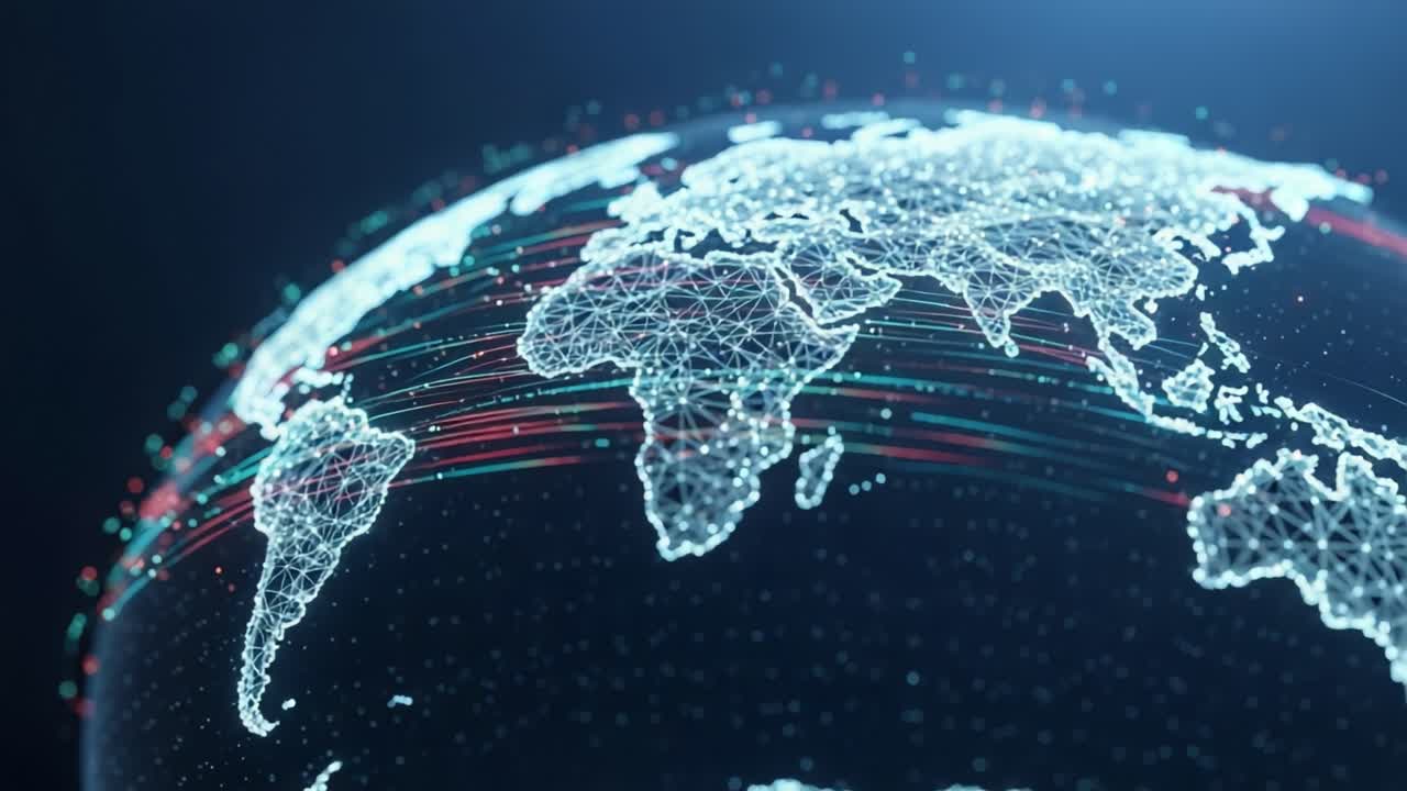 A High-Tech Visualization of a Connected World: Dynamic Lines Representing Data Flow Across a Global Map in a High-Definition Digital Format