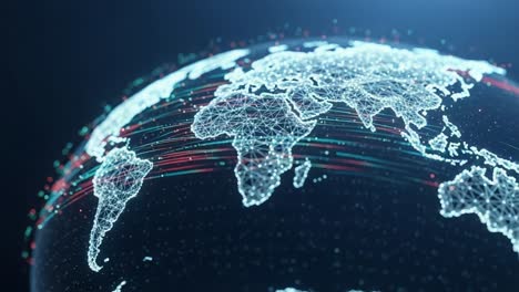 a high-tech visualization of a connected world: dynamic lines representing data flow across a global map in a high-definition digital format