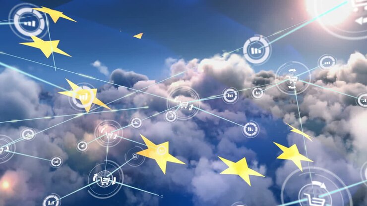 Animation of network of connections with icons over clouds and eu flag