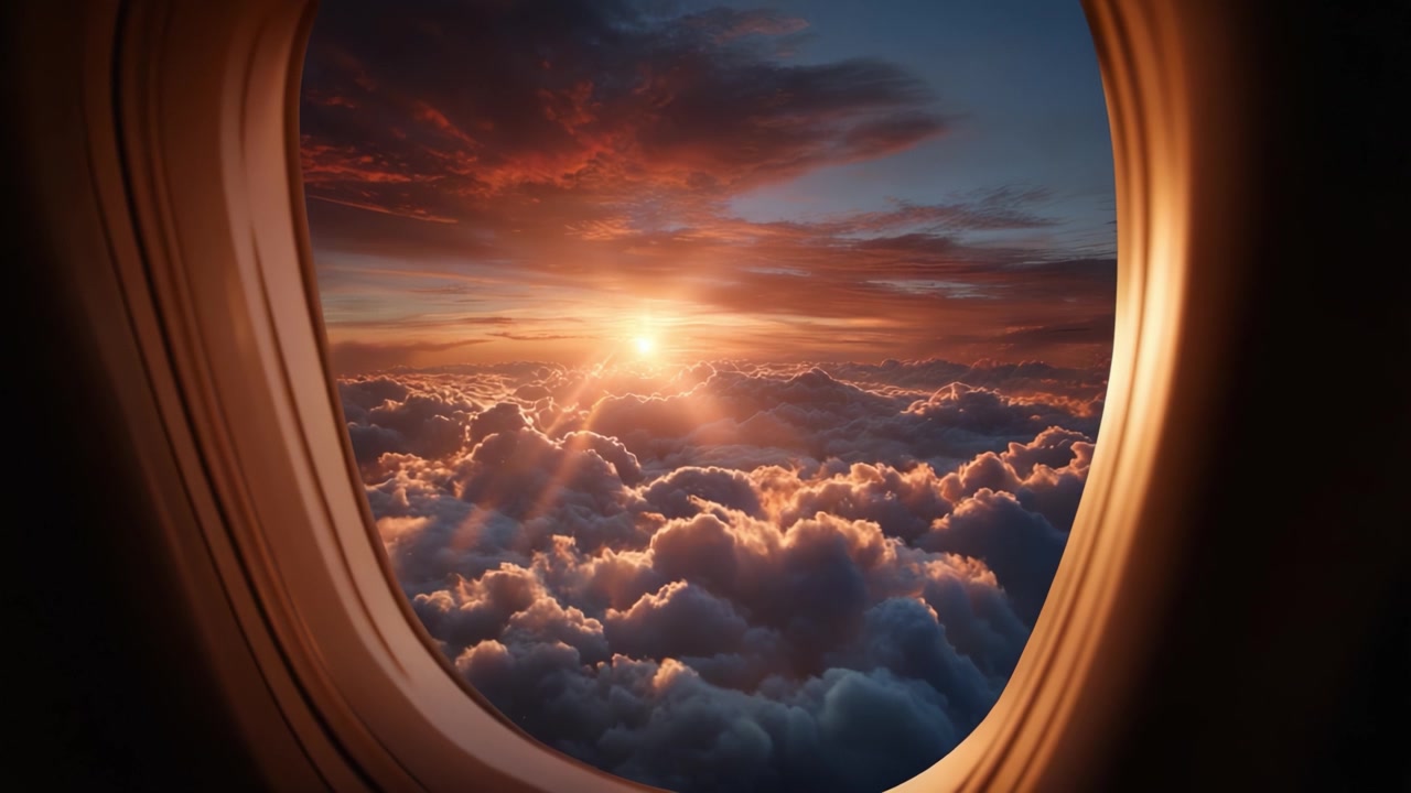 Breathtaking Sunrise Over Clouds as Seen Through an Airplane Window Capturing the Beauty and Serenity of a New Day in the Skies Above the World