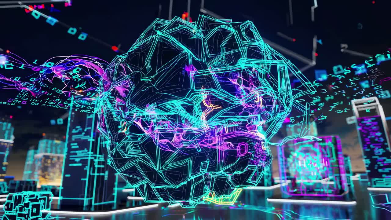 Futuristic video concept with a low-angle view of a neon wireframe globe, surrounded by digital