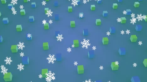 Animation-Von-Schnee,-Der-über-Würfel-Auf-Blauem-Hintergrund-Fällt