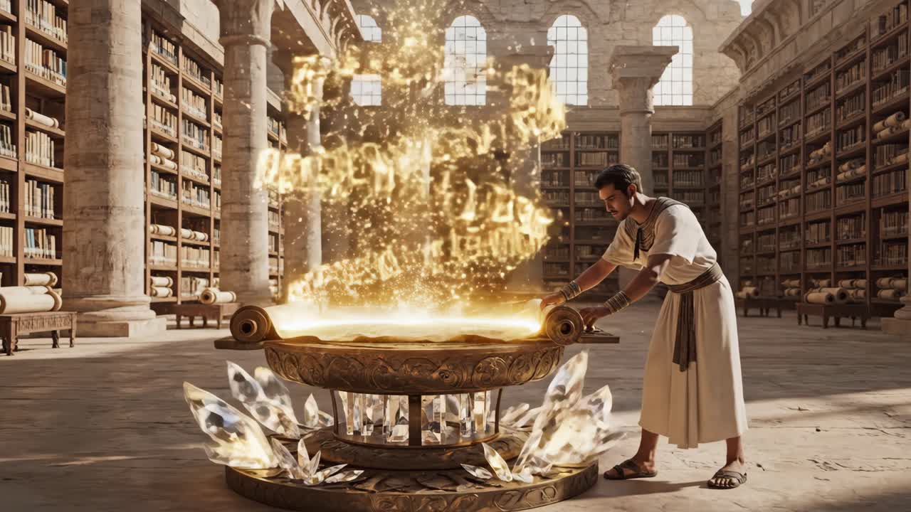 A Man Unveiling Ancient Magic in a Grand Library