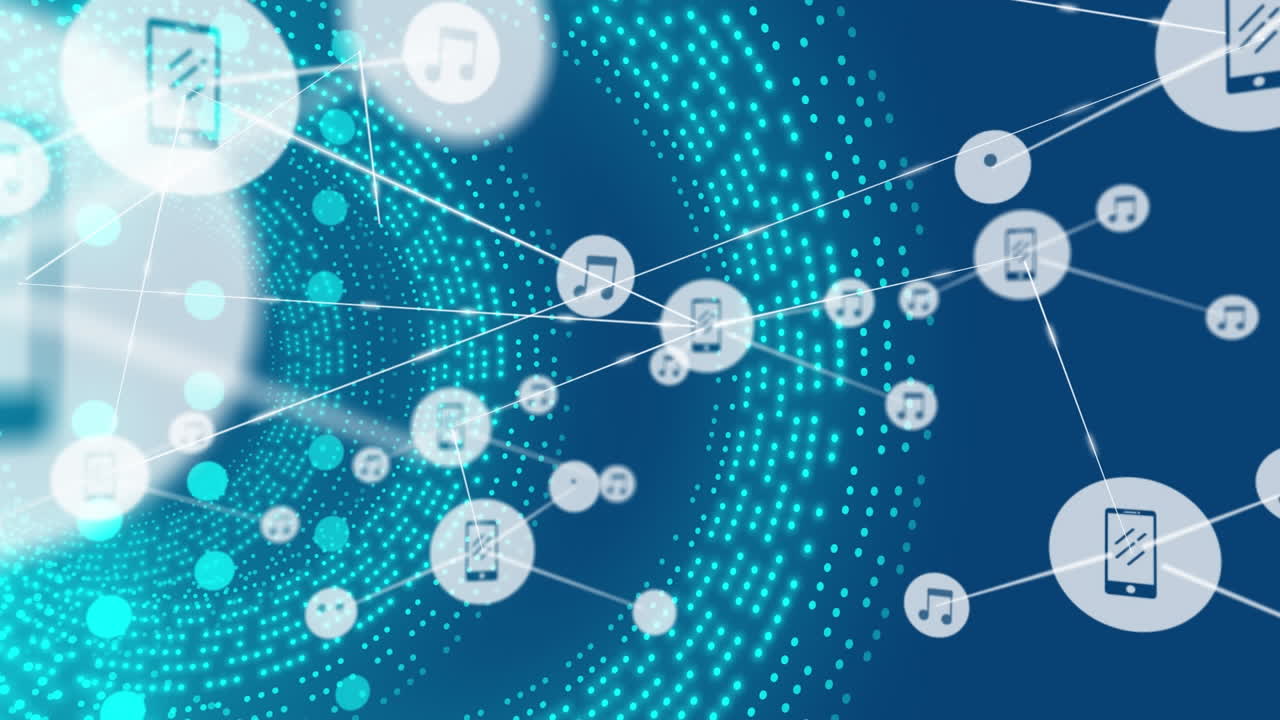 파란색 배경에 원형 터널을 형성하는 점 위에 연결된 아이콘의 애니메이션