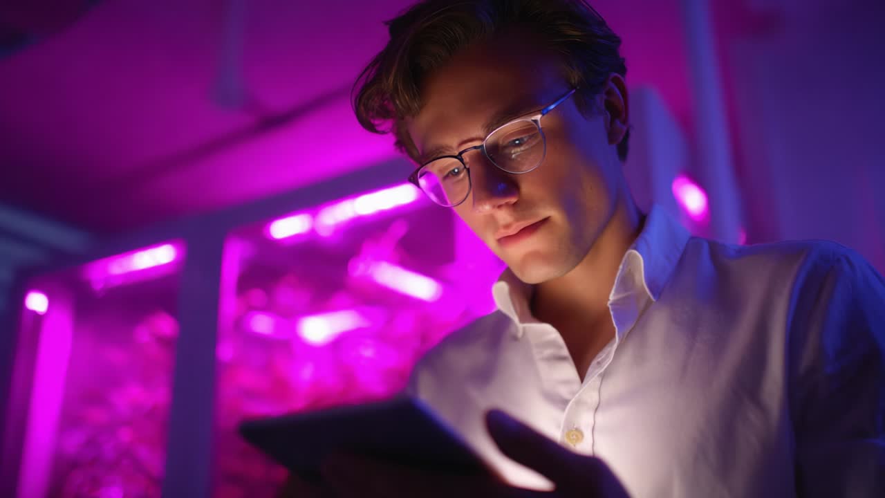 A young man intently engages with a tablet device while illuminated by vibrant purple lighting, showcasing a moment of focus and curiosity in a modern, tech-inspired environment