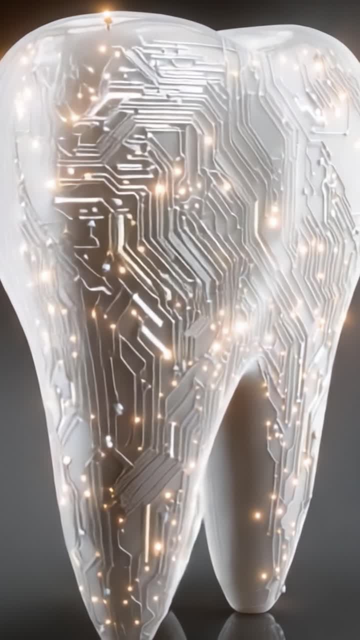 Futuristic Tooth Design Featuring Intricate Circuit Patterns and Illuminated Lights Reflecting Advanced Dental Technology and Innovation