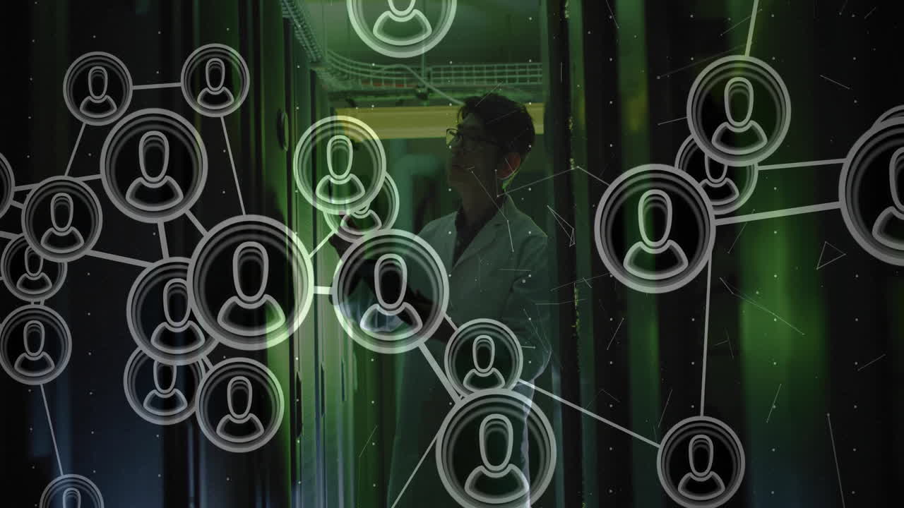 IT engineer inspecting server racks inside data center, displaying animated network user nodes